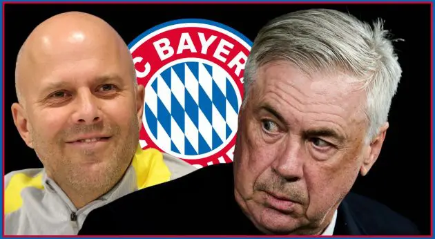 Arne Slot and Carlo Ancelotti look out in front of Bayern Munich club crest.