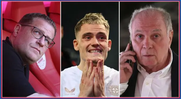 Max Eberl, Uli Honess and Florian Wirtz in a three-panel picture.