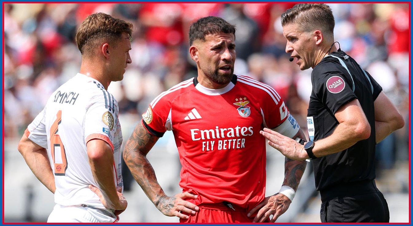 Bayern midfielder Joshua Kimmich and Benfica defender Nicolas Otamendi speak with the referee.