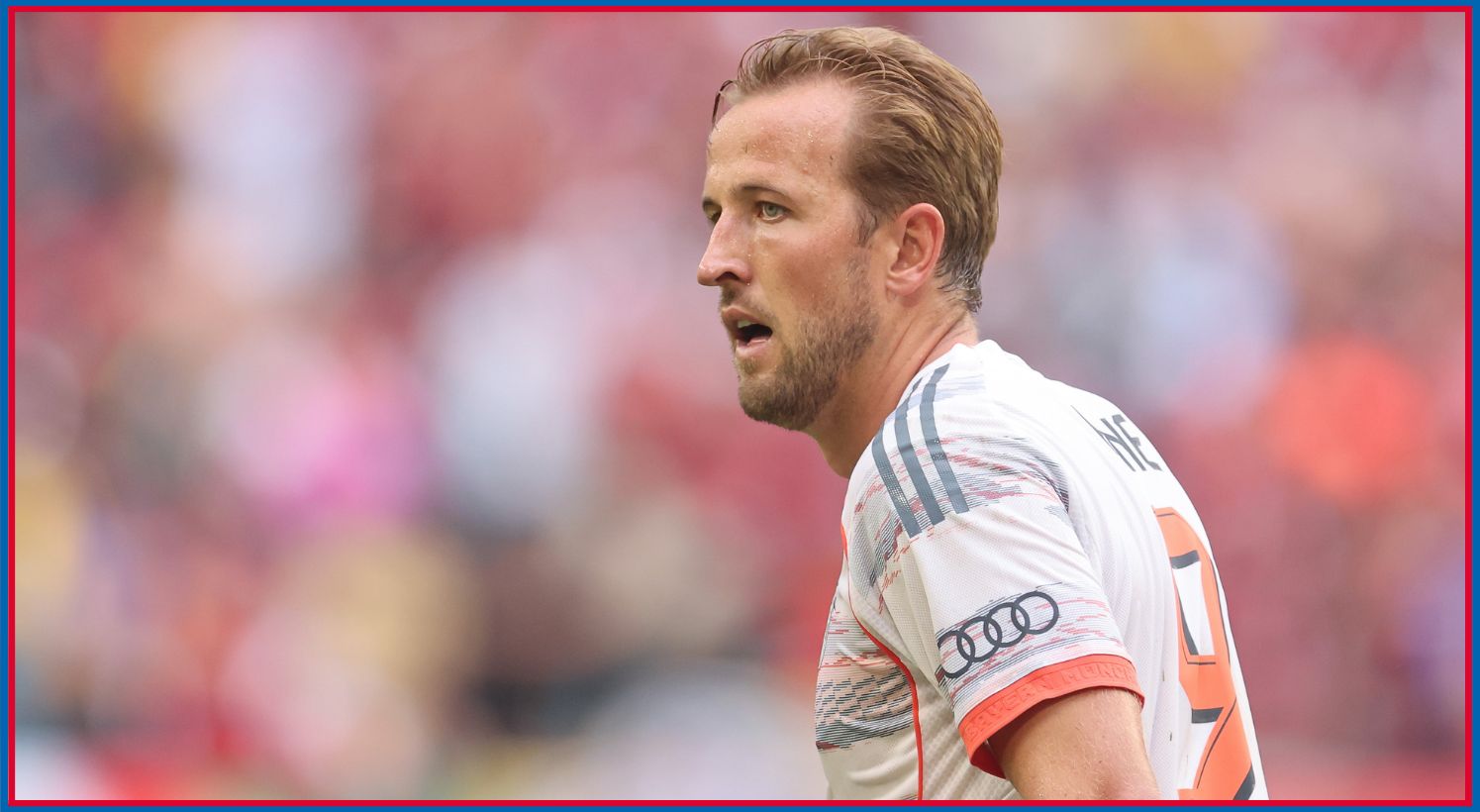 A sweating Harry Kane looks on during Bayern game.