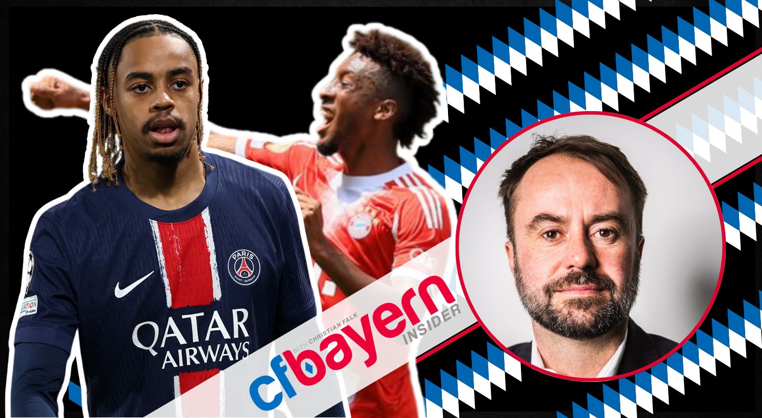 Bradley Barcola looks on as Kingsley Coman punches the air next to a smiling Christian Falk.