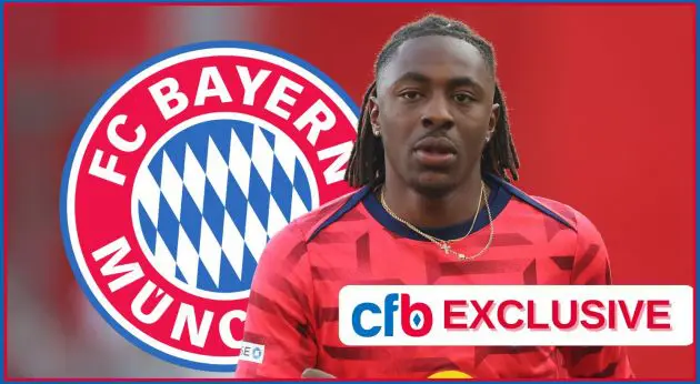 Eberechi Eze lifts his fist in front of Bayern Munich club crest.