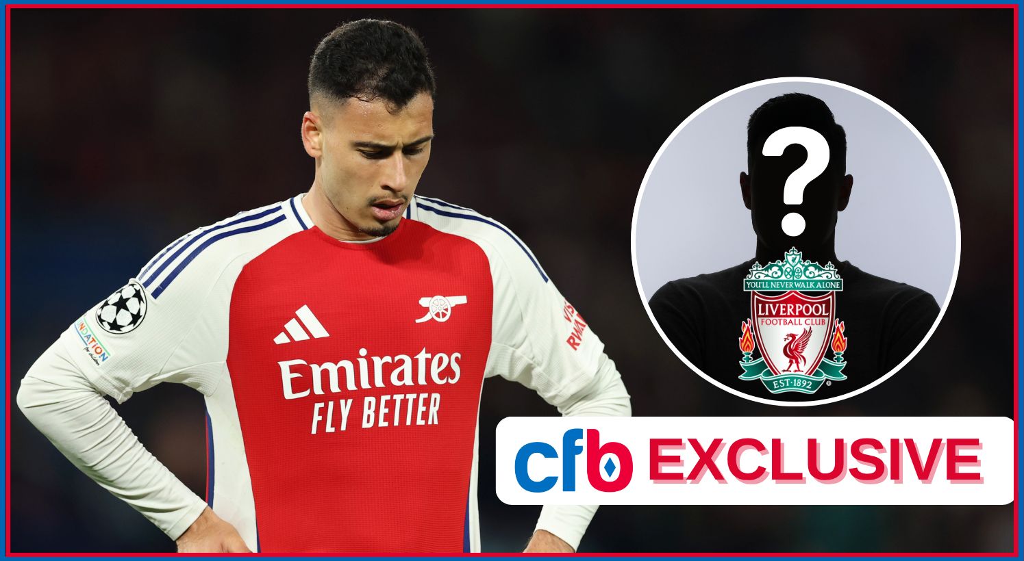 Gabriel Martinelli stands with his hands on his hips next to a silhouette and Liverpool club crest.