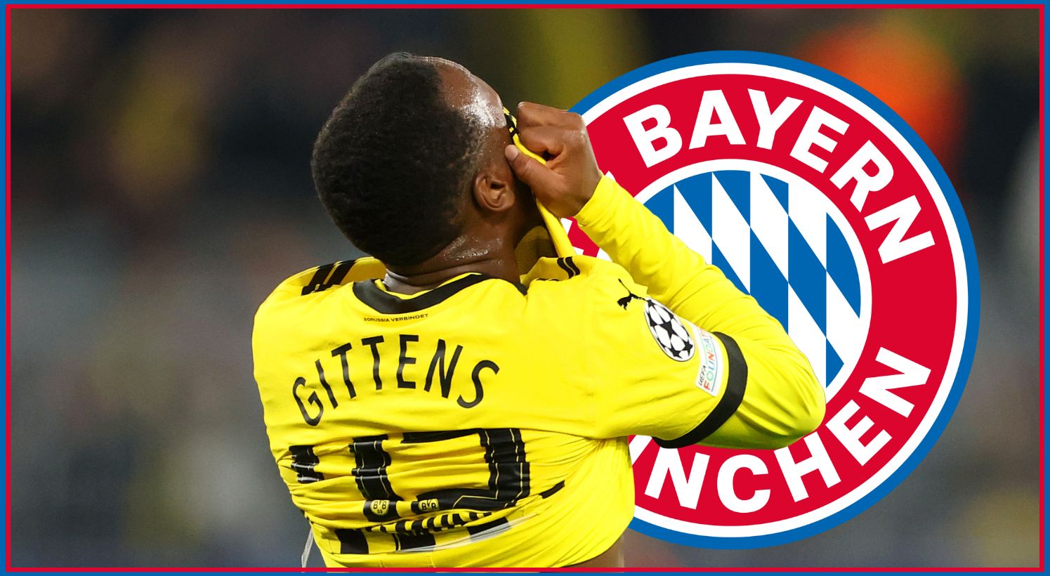 Jamie Gittens pulls his shirt over his face in frustration in front of Bayern club crest.