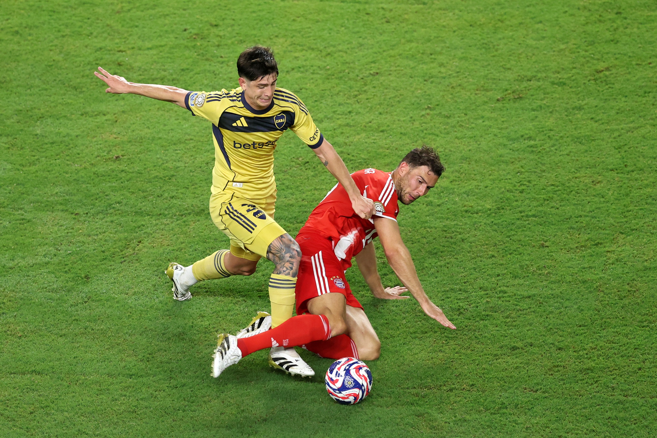 Tomas Belmonte tackles Leon Goretzka during Club World Cup game.