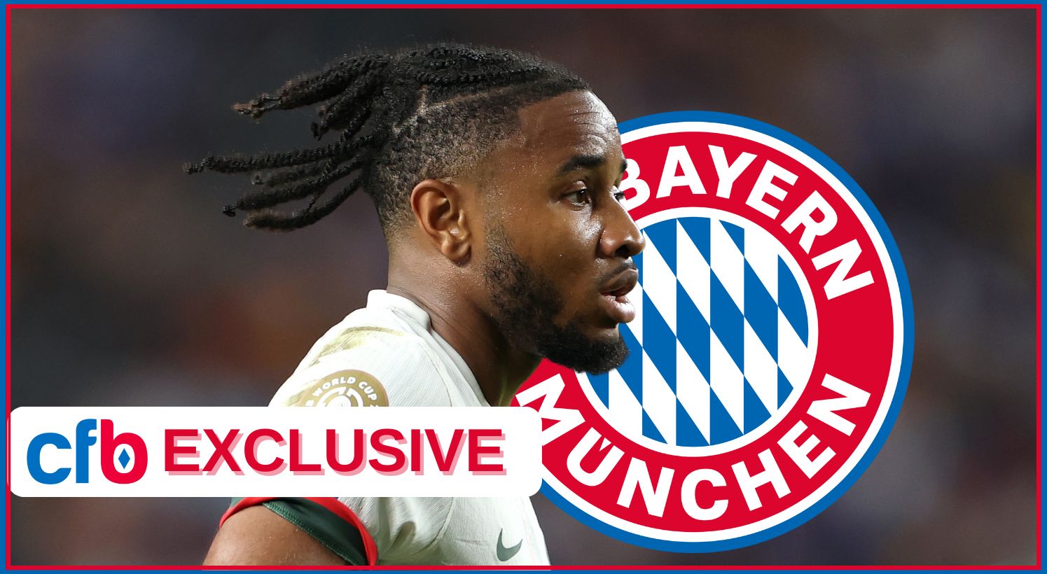 Christopher Nkunku runs in front of Bayern Munich club crest.
