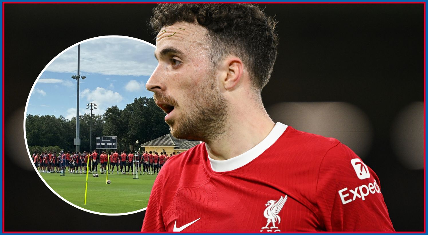 Diogo Jota looks on next to picture of Bayern Munich players in training.