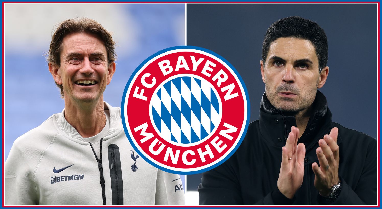 Thomas Frank smiles and Mikel Arteta claps his hands next to Bayern Munich club crest.