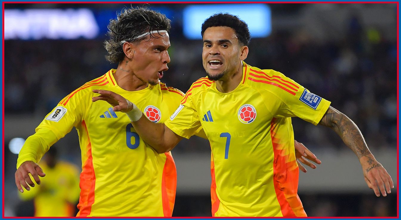 Luis Diaz celebrates with Colombia teammate.