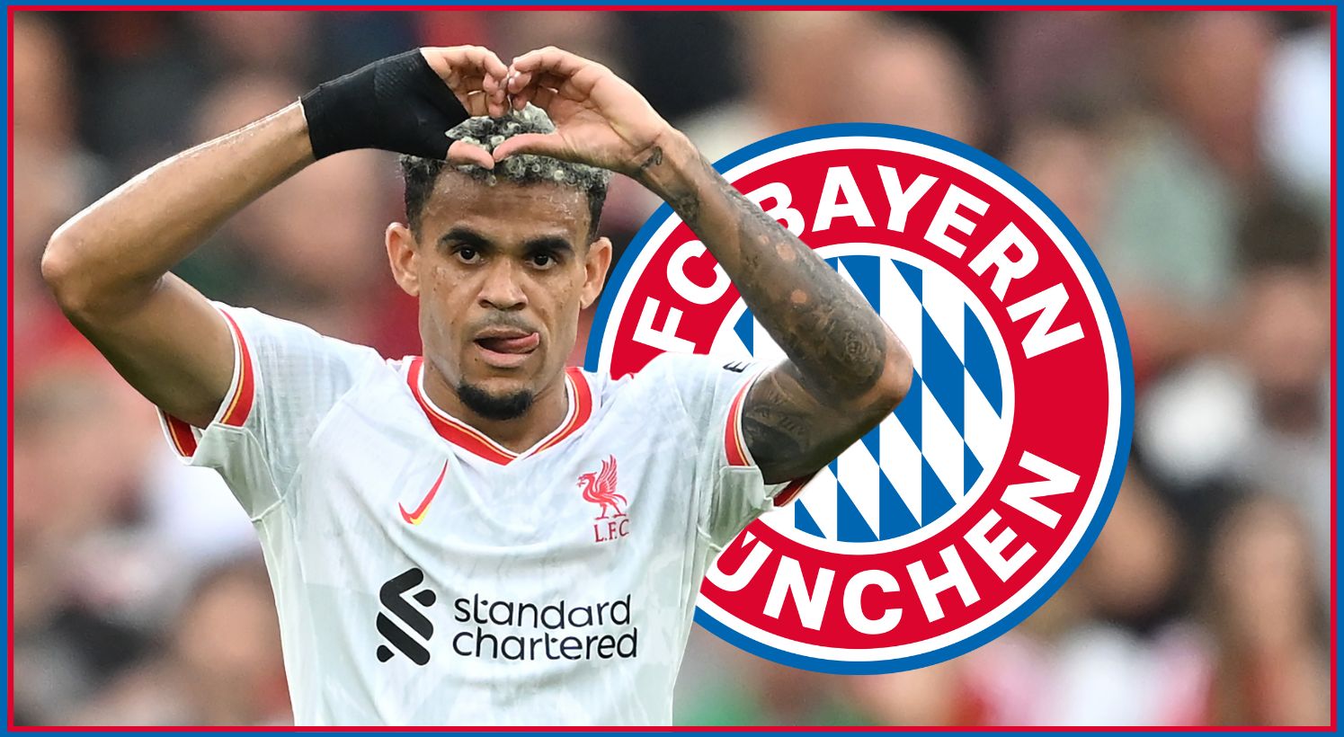Luis Diaz makes a heart shape with his hands in front of Bayern Munich club crest.