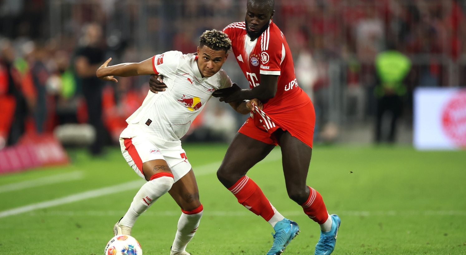Dayot Upamecano in action in 6-0 win v Leipzig