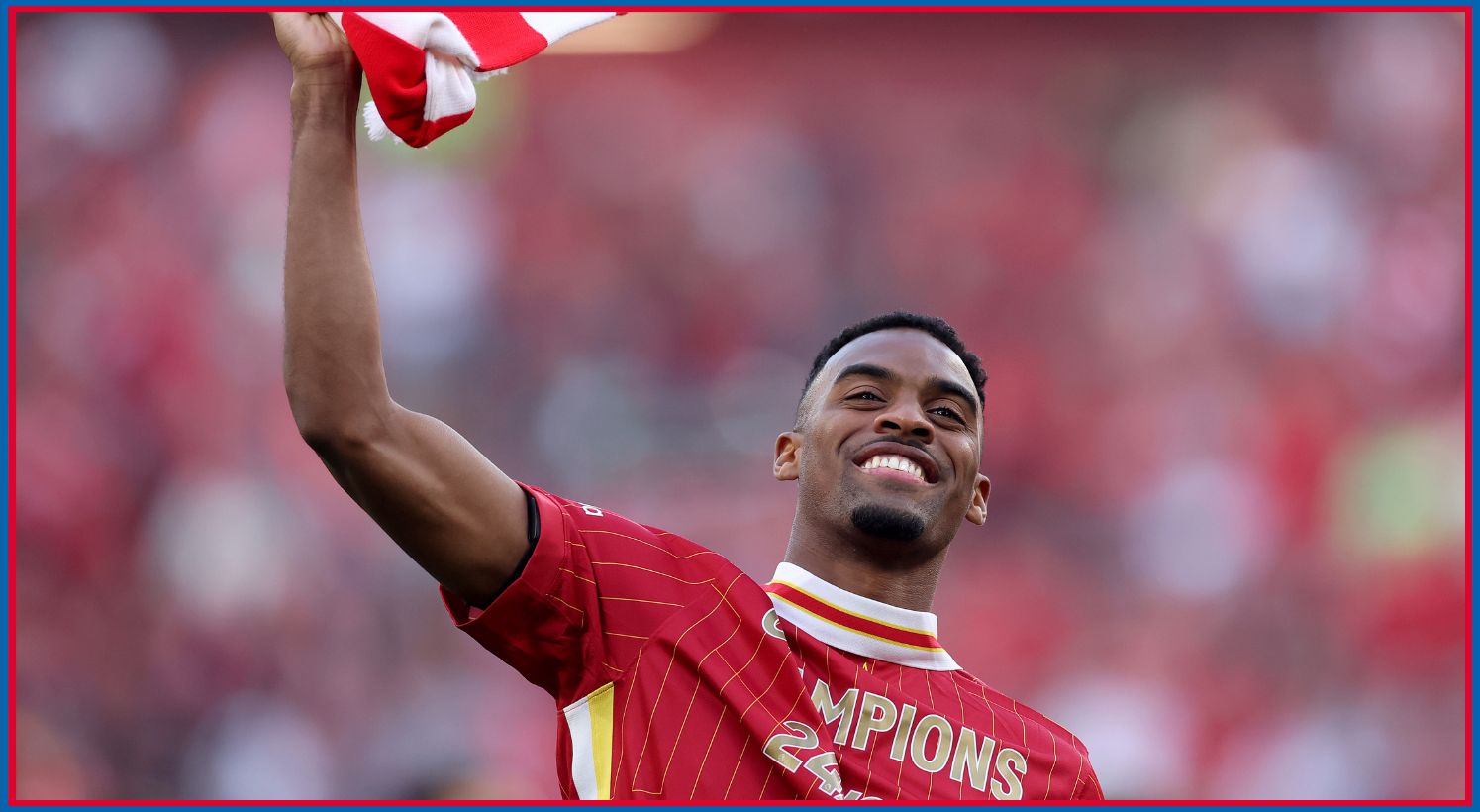 Ryan Gravenberch celebrates after Liverpool's Premier League win