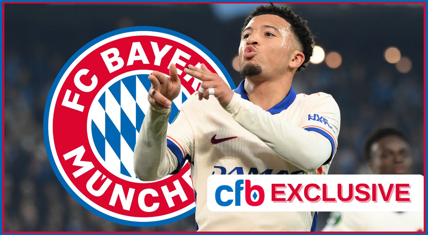 Jadon Sancho makes gun gestures with his hands in front of Bayern Munich club crest.