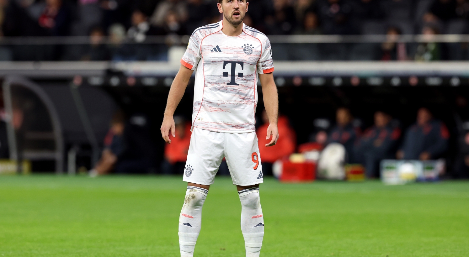 Harry Kane reacts after scoring for Bayern Munich