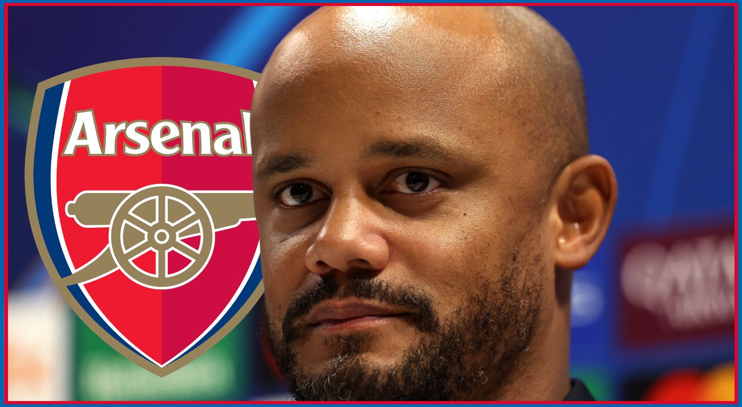 Vincent Kompany looks troubled in front of Arsenal club crest.