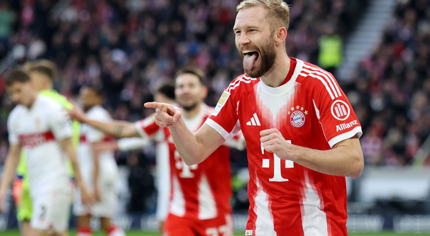 Konrad Laimer celebrates his goal vs Stuttgart