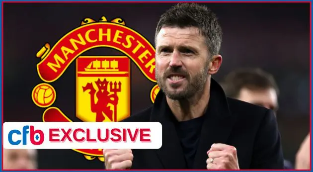 Michael Carrick pumps his fists in celebration next to Manchester United club badge.