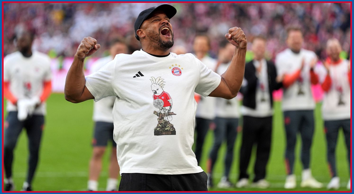 Vincent Kompany celebrates after Bayern Munich win the Bundesliga title