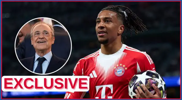 Florentino Perez looks at Michael Olise holding the football.