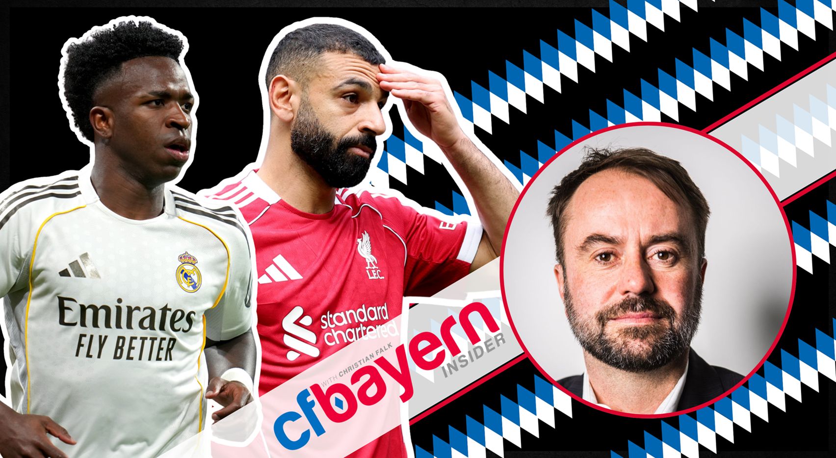 Vinicius Jr looks on as Mo Salah scratches his head next to Christian Falk.