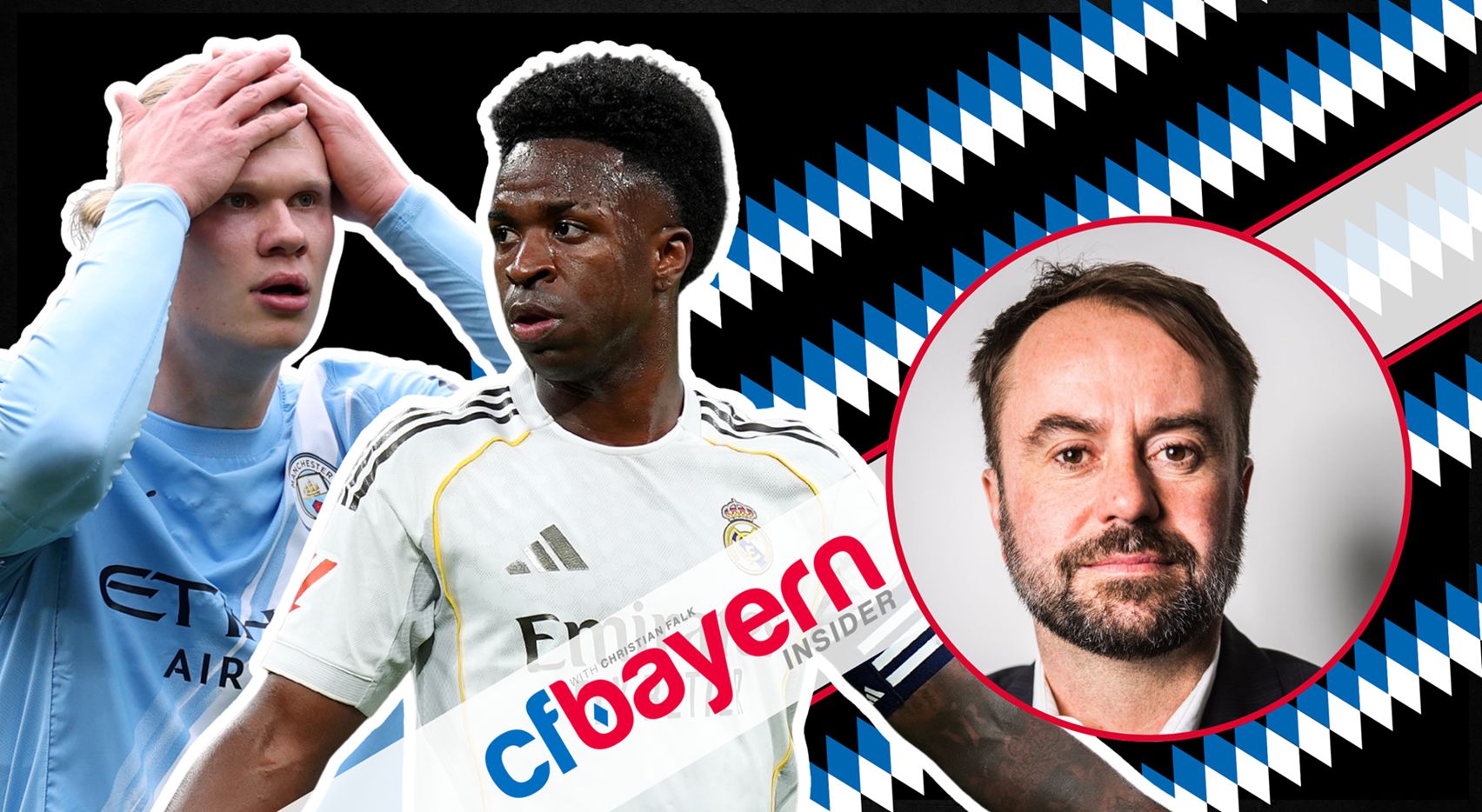 Man City striker Erling Haaland clutches his head in disbelief next to Real Madrid star Vincius Jr and transfer news expert Christian Falk.