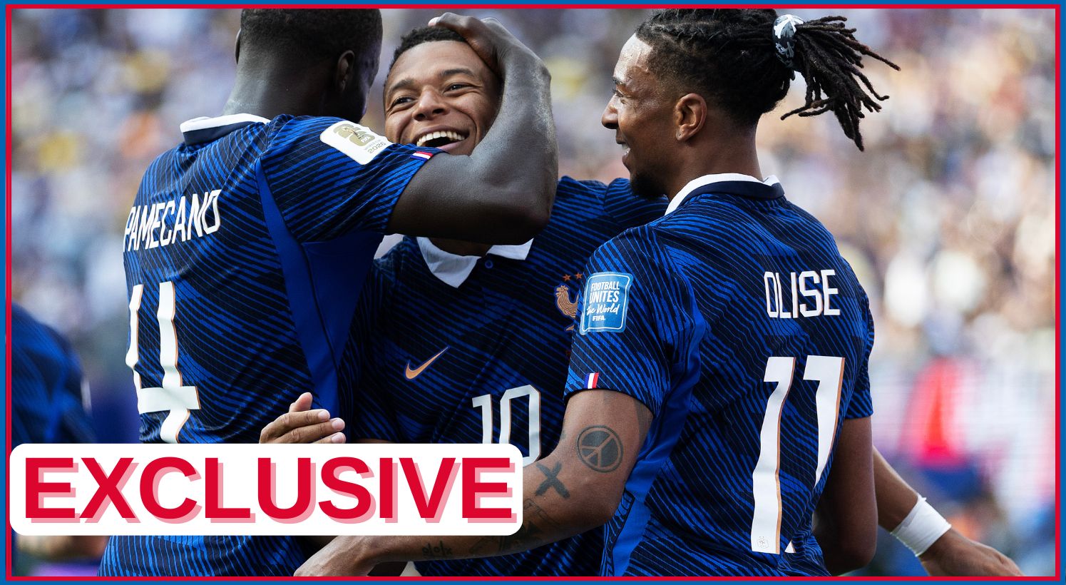 Dayot Upamecano and Michael Olise congratulate Kylian Mbappe