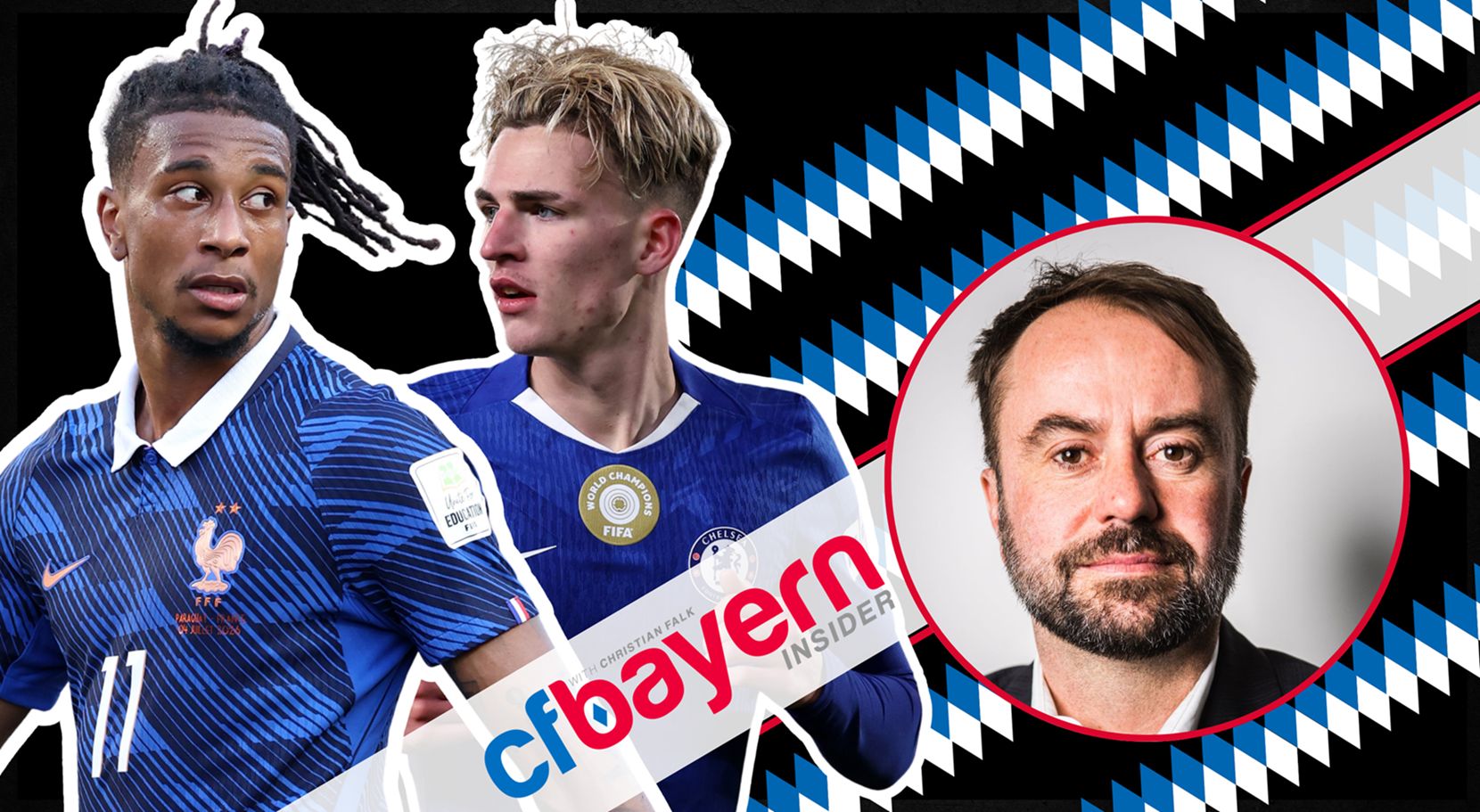 Bayern winger Michael Olise looks at Chelsea star Jesse Derry next to Christian Falk.