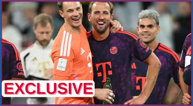 Harry Kane celebrates with Manuel Neuer