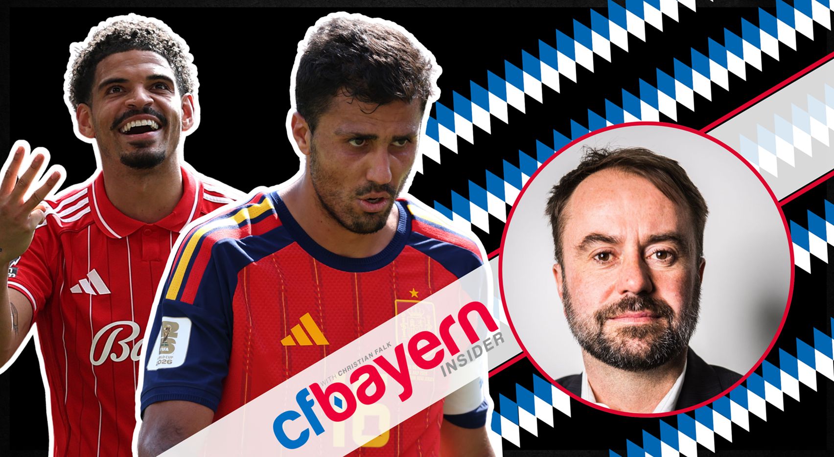 Morgan Gibbs-White claps his hands next to Rodri and Bayern transfer news expert Christian Falk.
