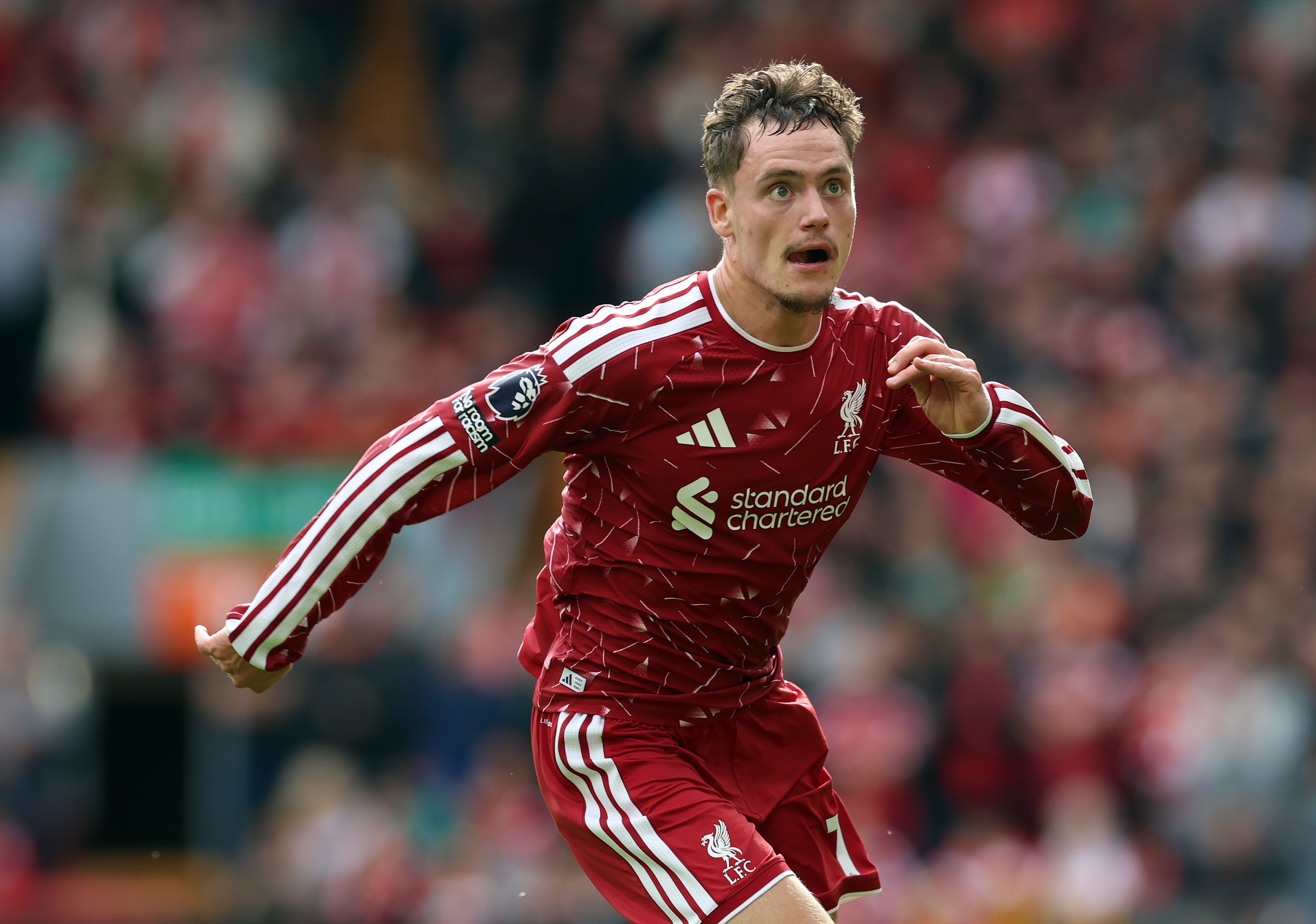 Florian Wirtz looks up while running during Liverpool game.
