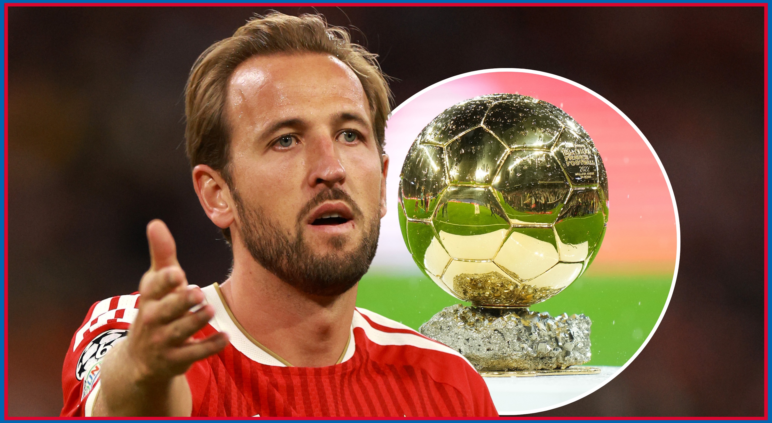 Bayern Munich striker Harry Kane raises his right hand next to the Ballon d'Or trophy.