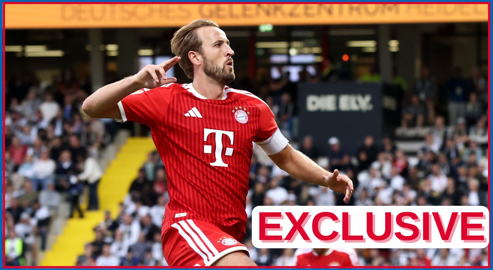 Bayern Munich striker Harry Kane jumps and prepares to punch the air in celebration.